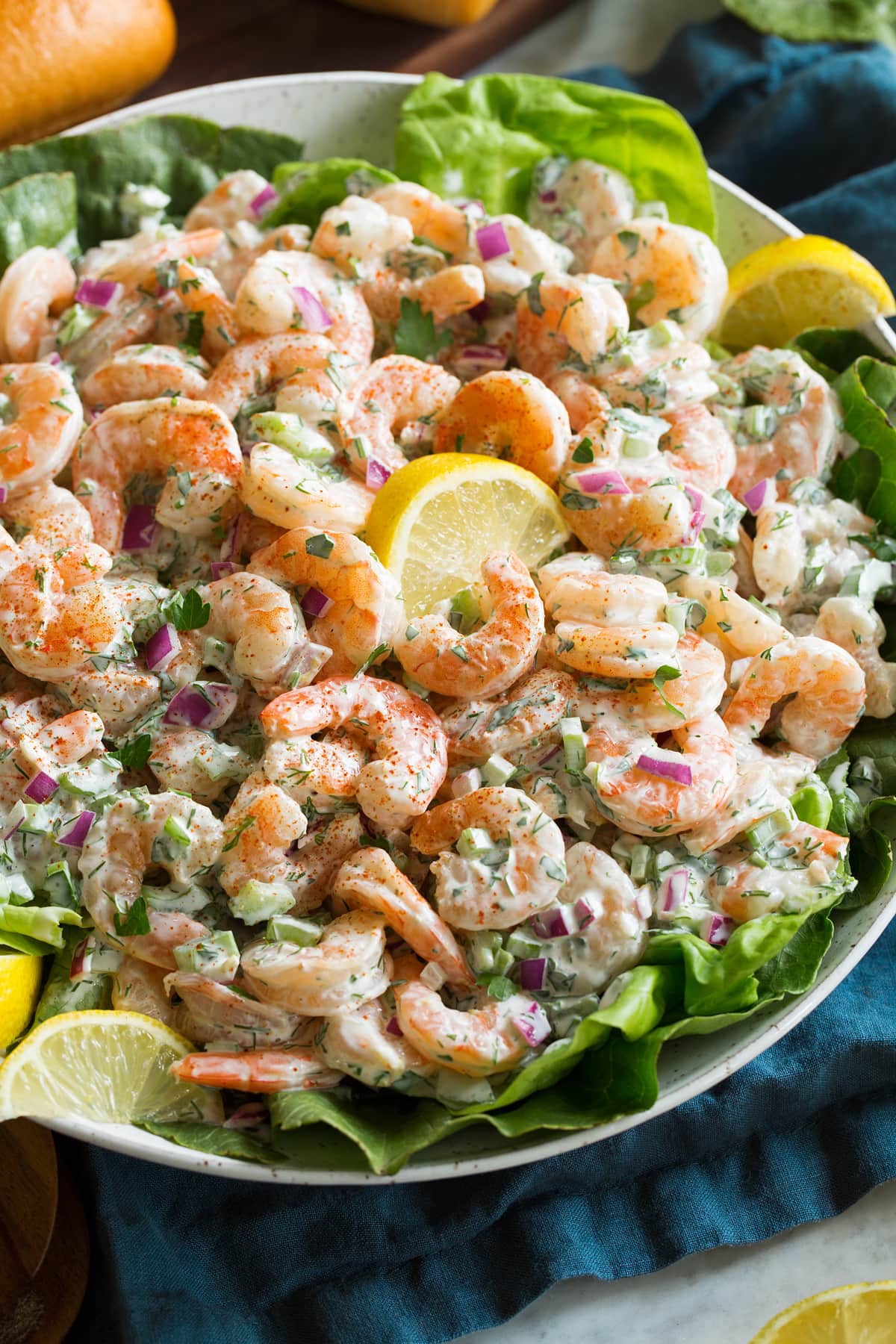 Cold shrimp salad with mayo.