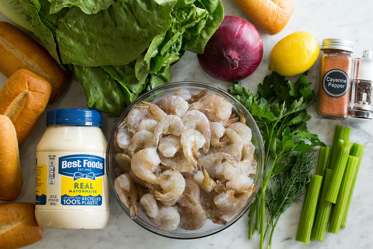 Ingredients used to make shrimp salad.
