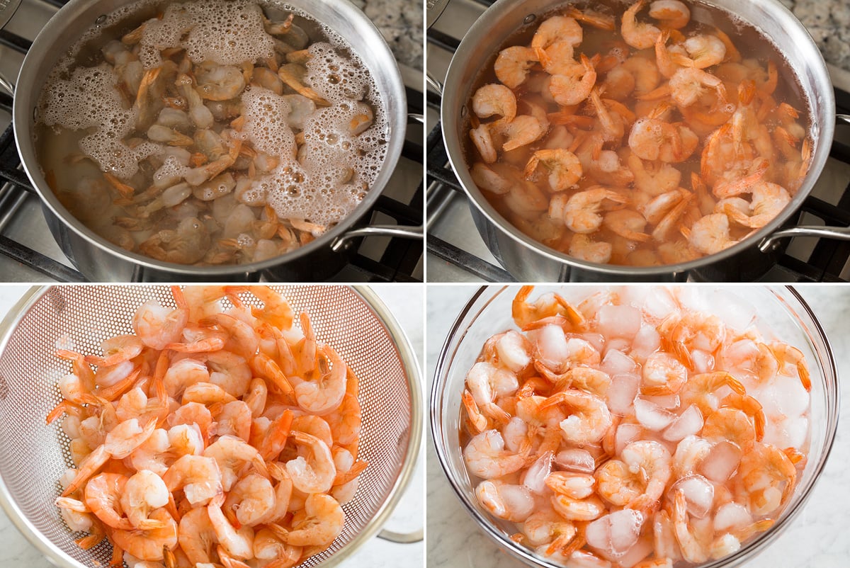 Four photos showing how to boil shrimp.