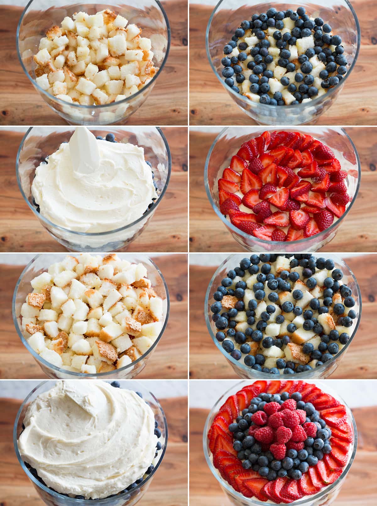 Collage of eight photos showing how to make the eight layers of a trifle.