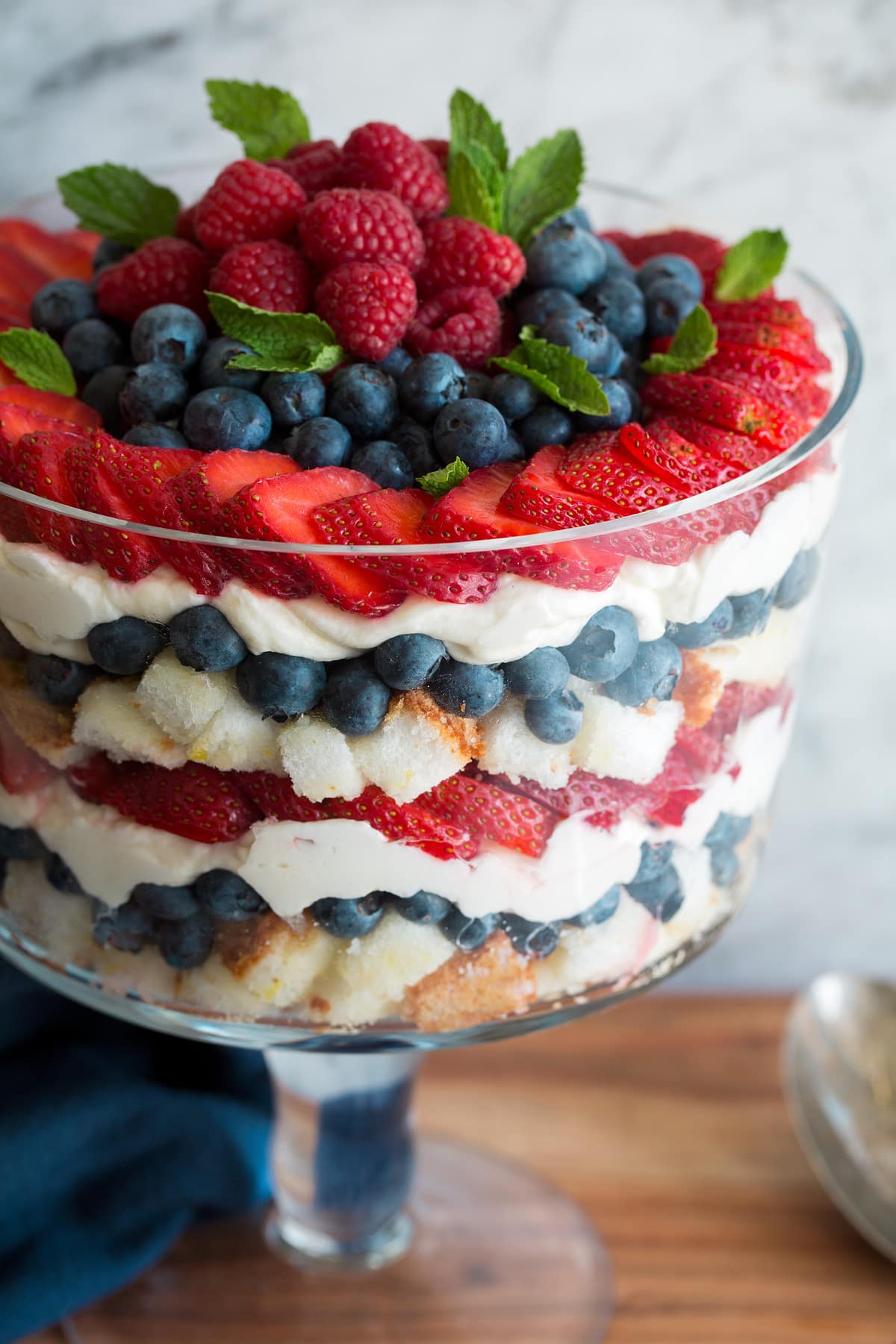 Close up photo of a homemade layered fruit trifle.