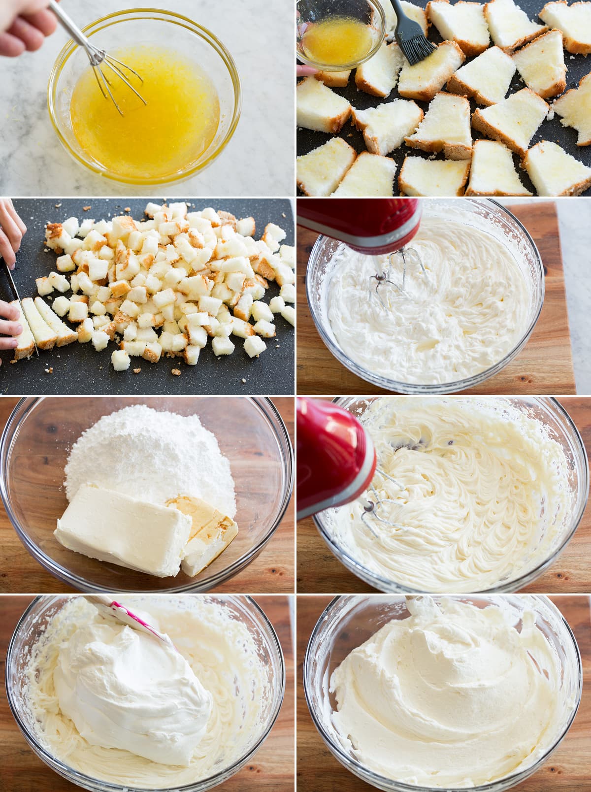 Collage of eight images showing how to prepare the cake portion and whipped topping portion of a trifle.