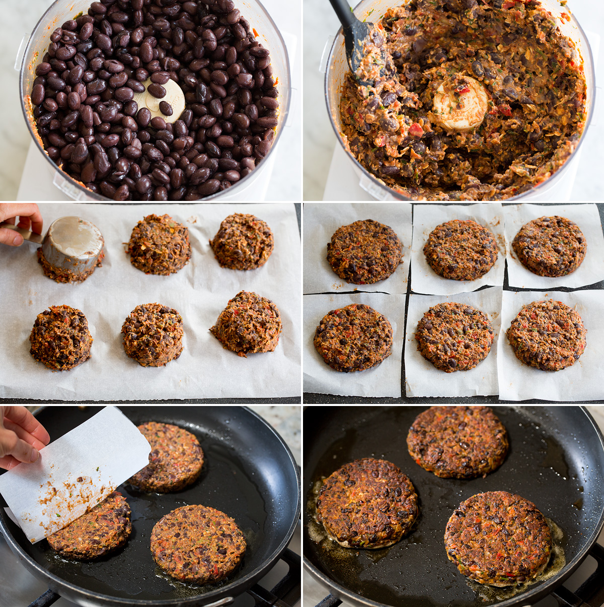 Six photos showing process of shaping black bean burgers and cooking in a skillet.