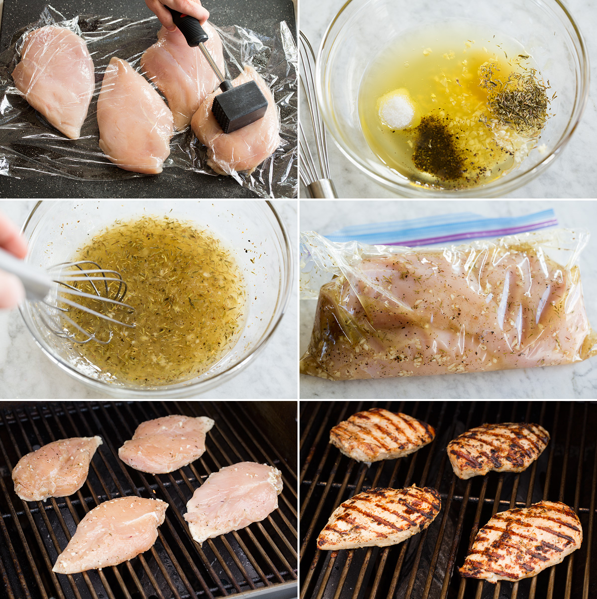 Six photos showing steps of making grilled chicken breasts and brine marinade.