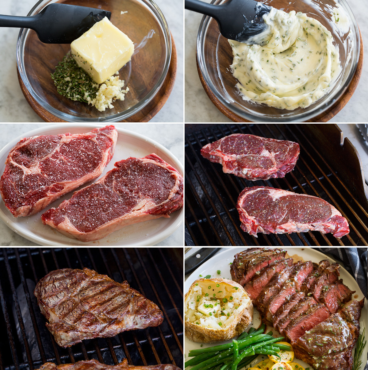 Collage of six photos showing how to make grilled steak and rosemary butter.