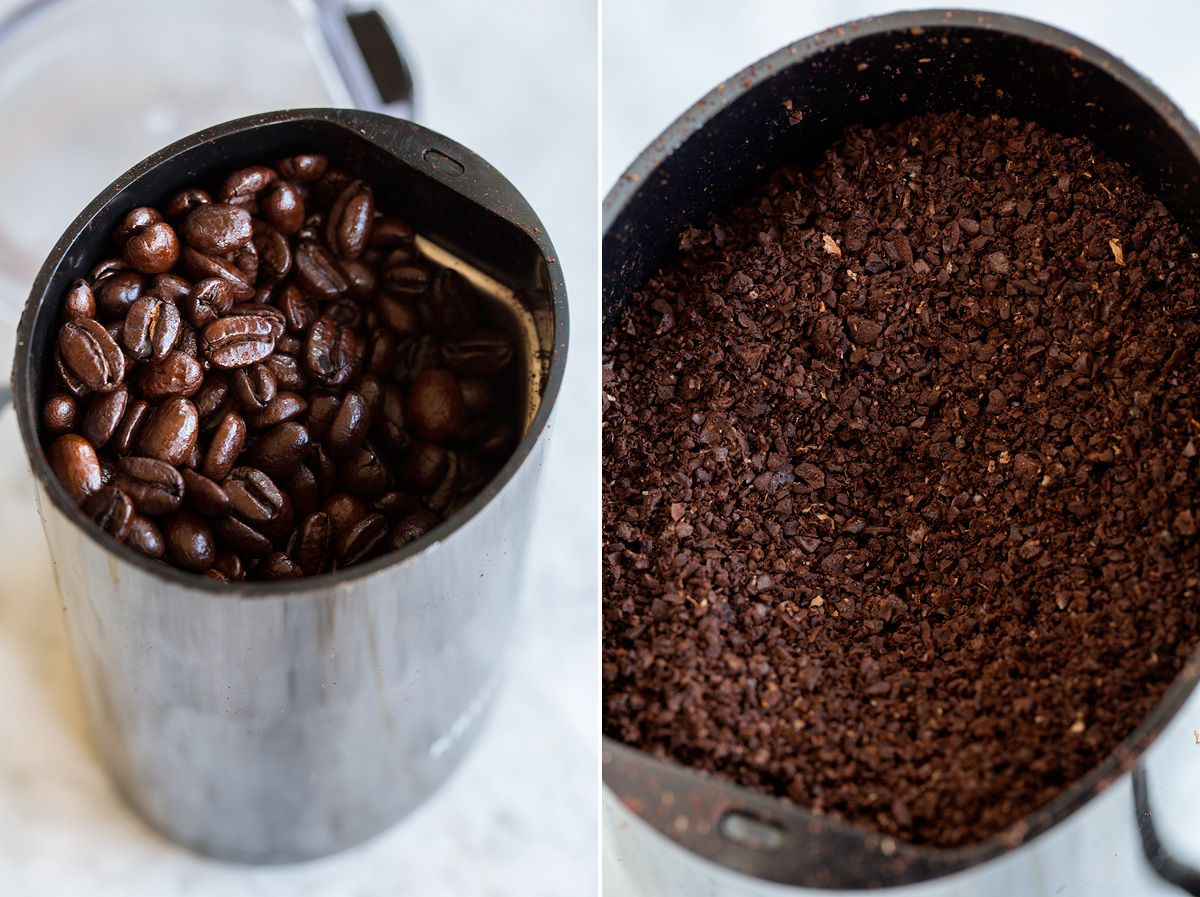 Chicchi di caffè in un macinacaffè mostrato prima e dopo la macinazione.