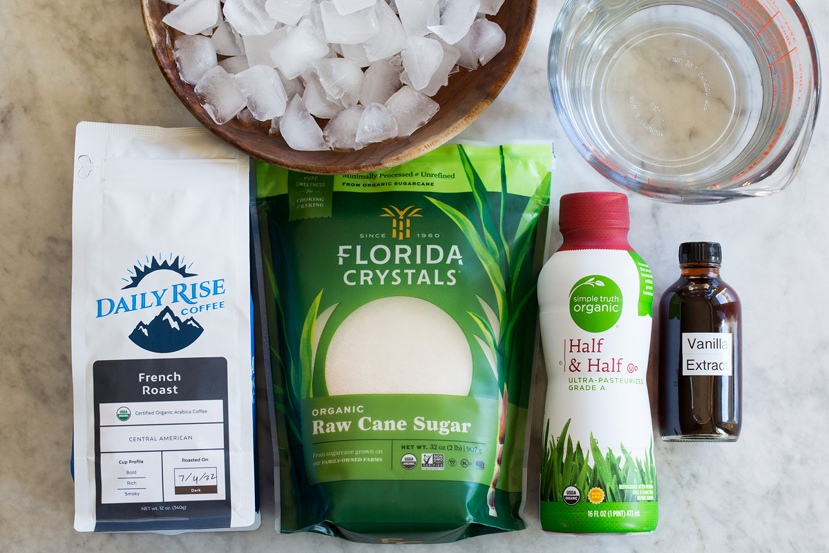 Ingredients needed to make iced coffee.