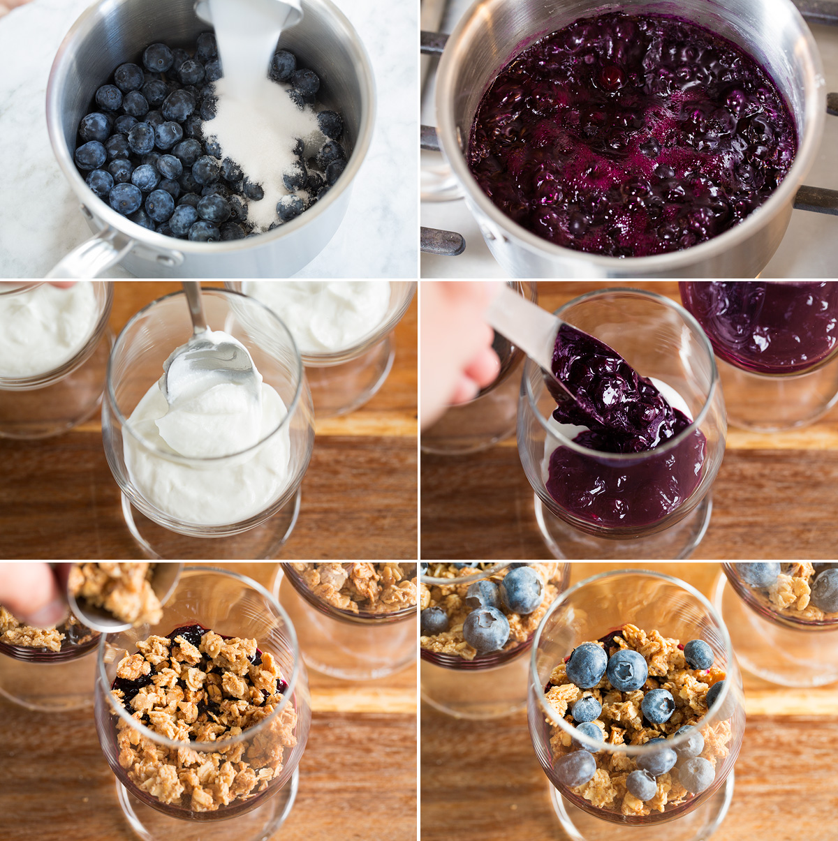 Collage of six photos showing steps of preparing fruit compote and layering a yogurt parfait with yogurt, fruit compote and granola.