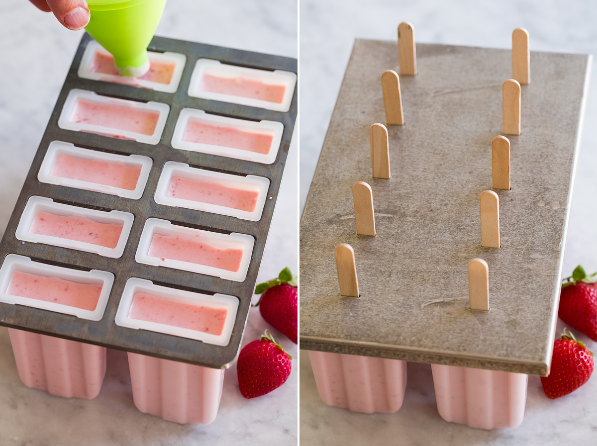 Two photos showing how to assemble homemade popsicles.