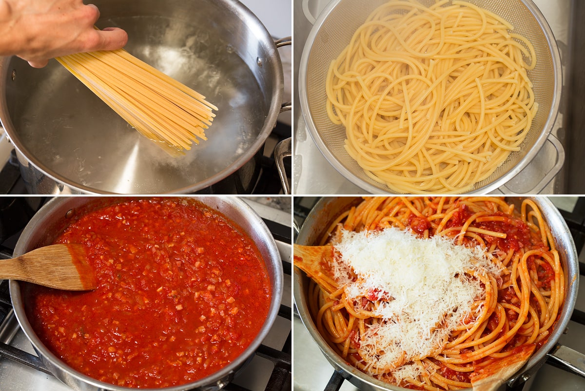 Collage di quattro foto che mostrano le fasi di cottura dei bucatini in una pentola e condimenti con salsa e parmigiano.