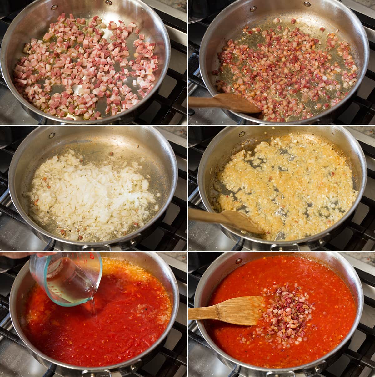 Collage di sei immagini che fanno la salsa all'amatriciana.