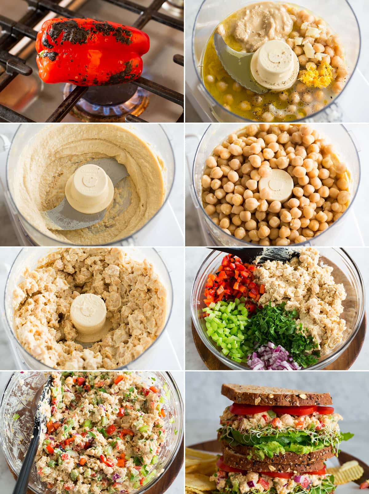 Collage of eight photos showing how to make chickpea salad mixture.