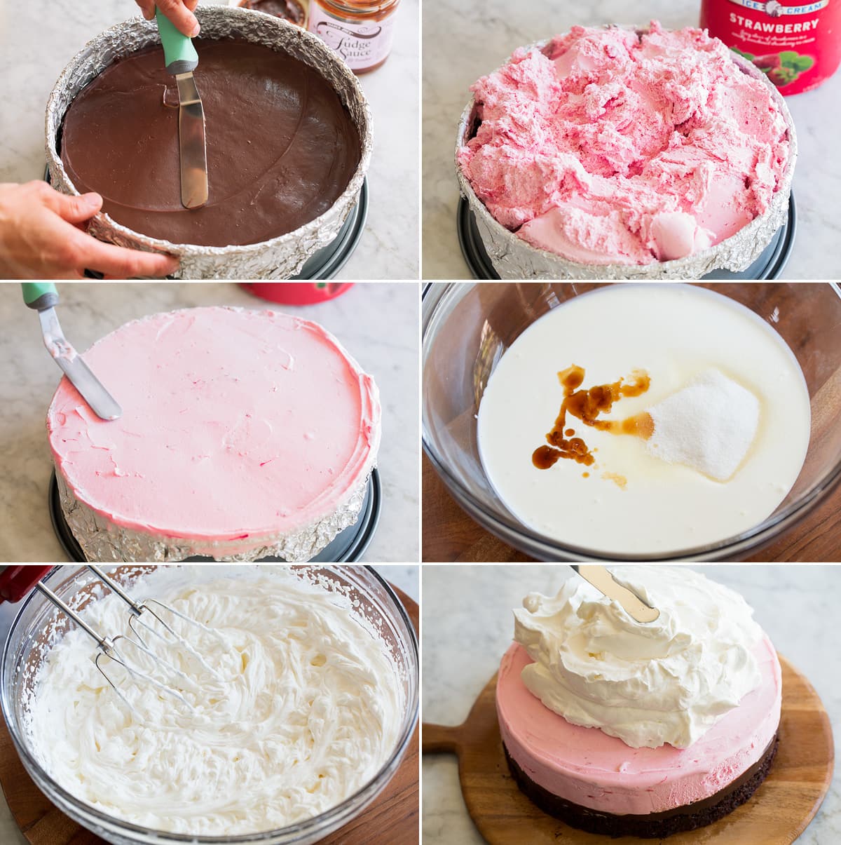 Layering an ice cream cake in a springform pan.