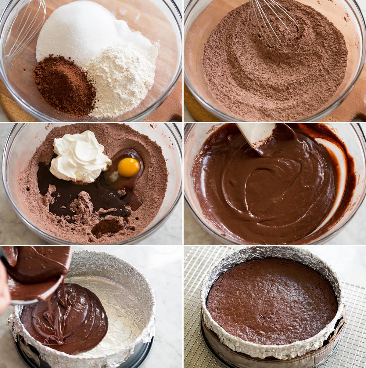 Collage of six images showing how to make cake batter for ice cream cake.