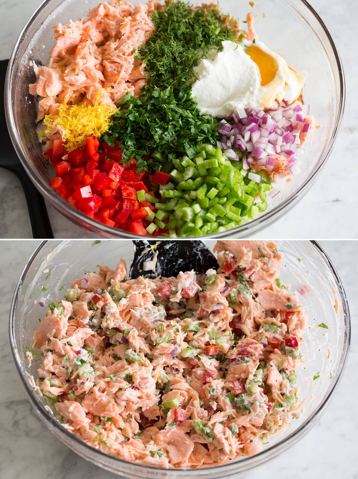 Salmon salad shown before and after mixing in a glass bowl.