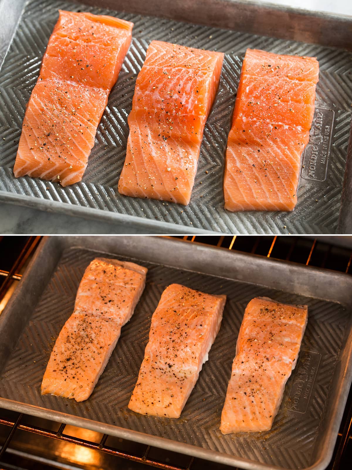 Salmon shown before and after cooking in the oven on a baking sheet.