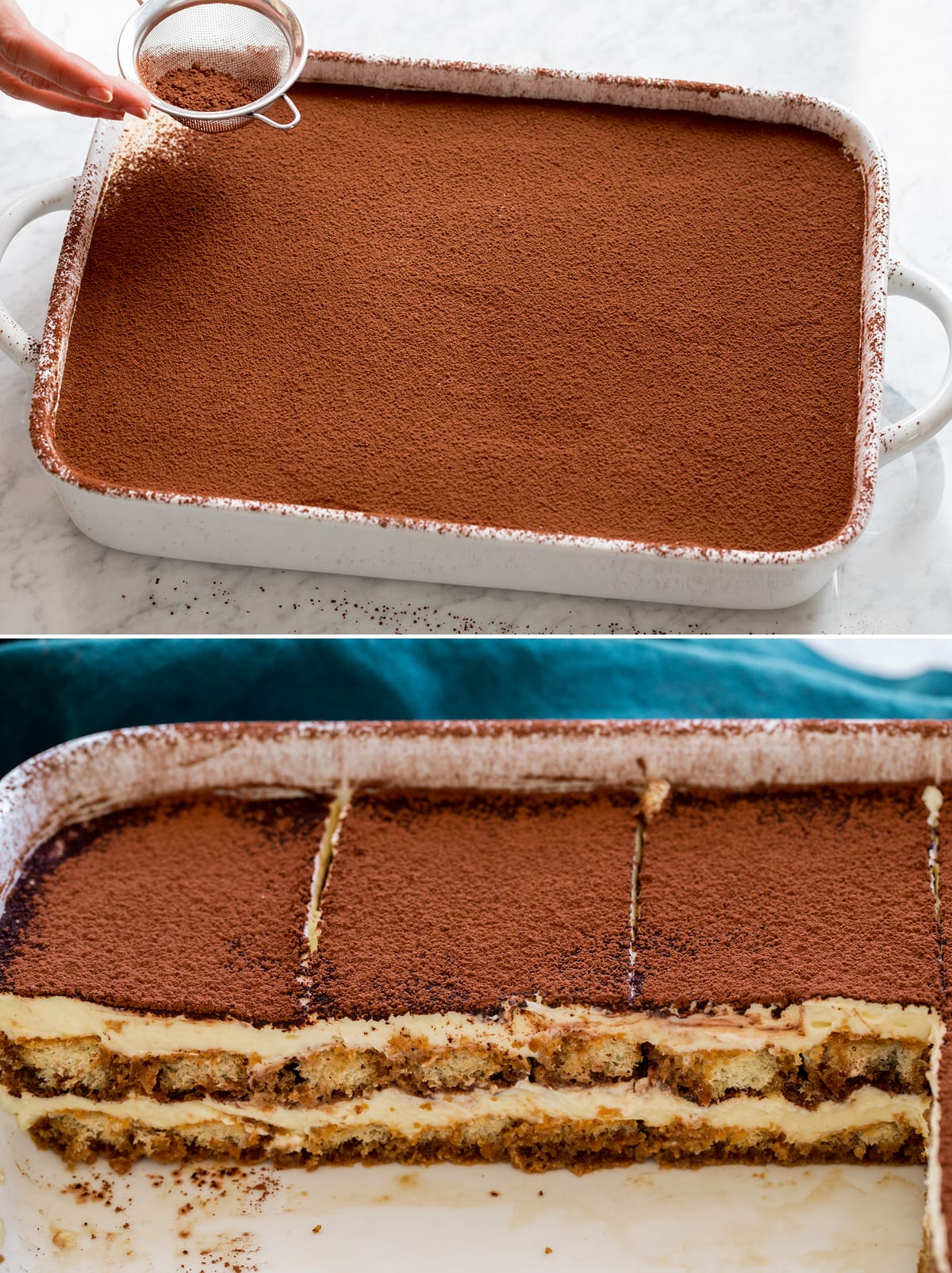Finished tiramisu in a baking dish sliced into showing layers closely.