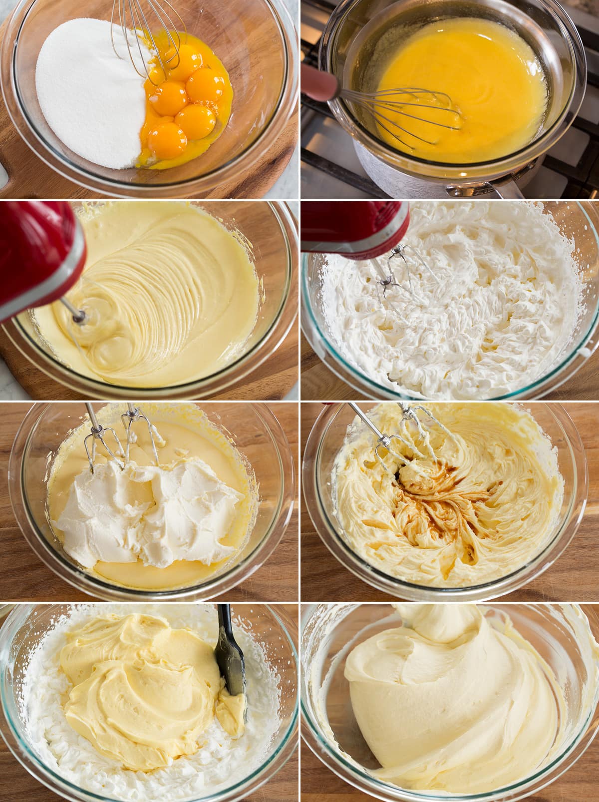 Photo of eight images showing how to make tiramisu custard mixture with mascarpone.