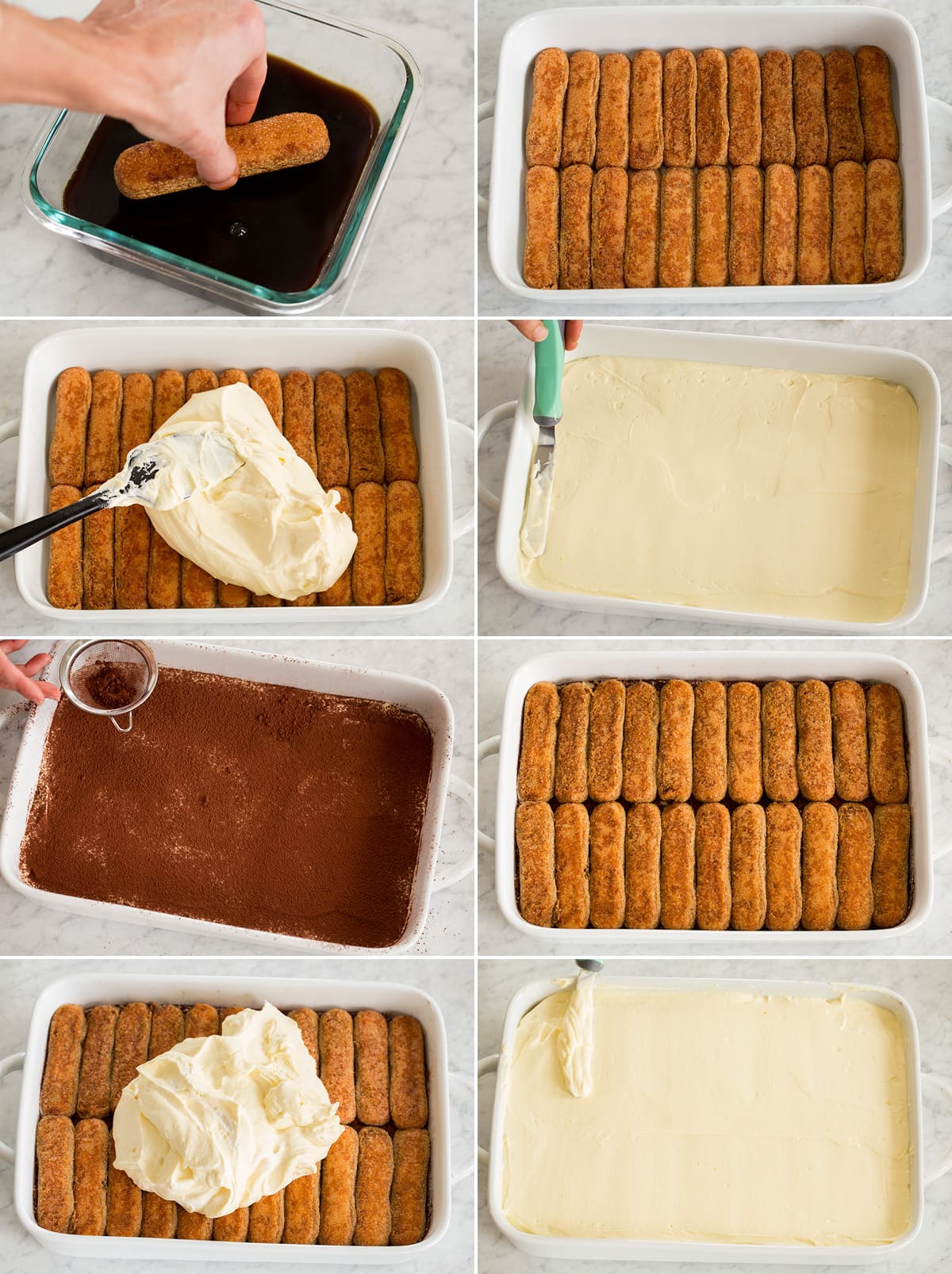 Collage of eight photos showing how to layer a tiramisu dessert.