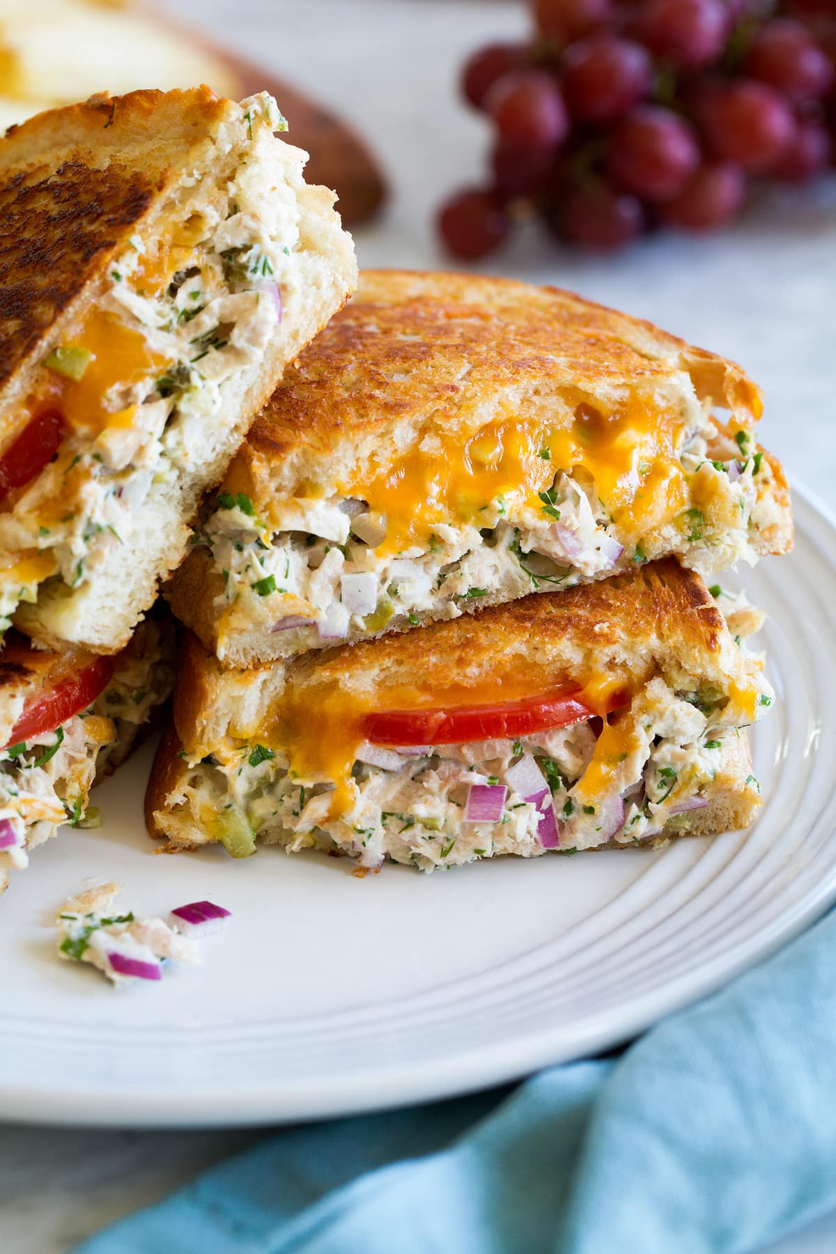 Close up photo of tuna melt sandwich with cheddar, tuna salad, tomatoes, and bread.