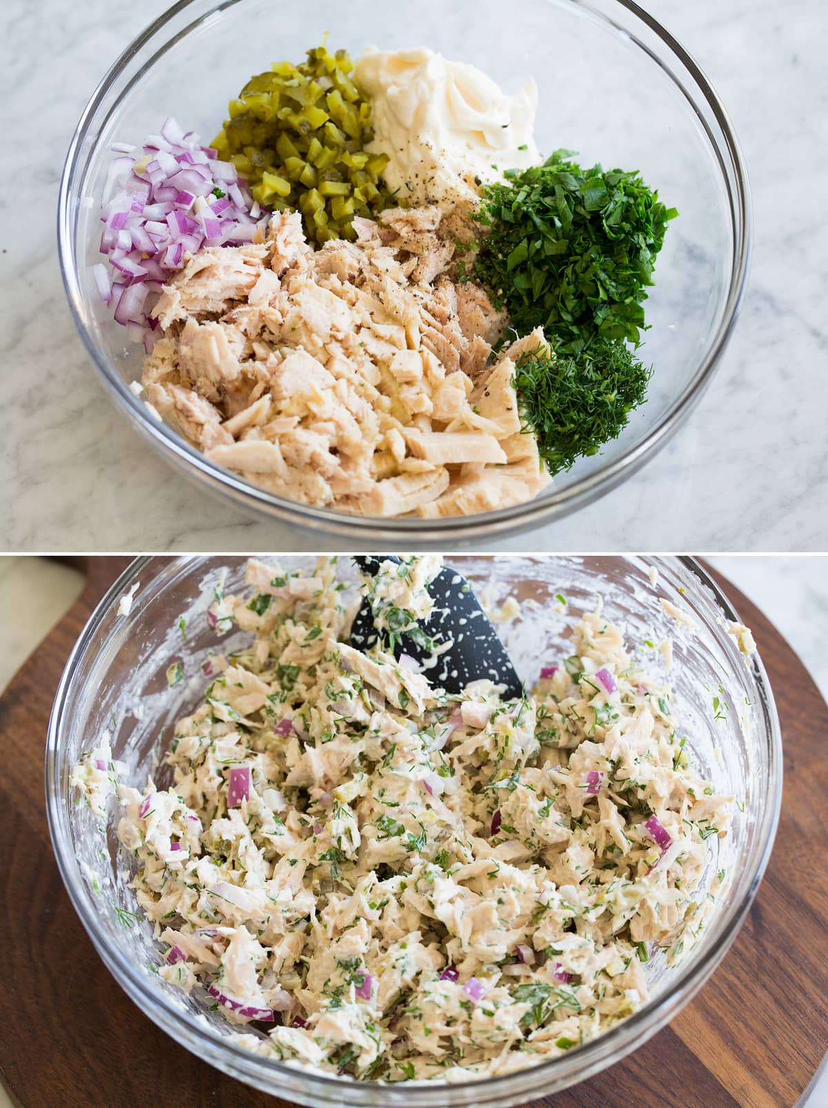 Tuna salad before and after mixing in a mixing bowl.
