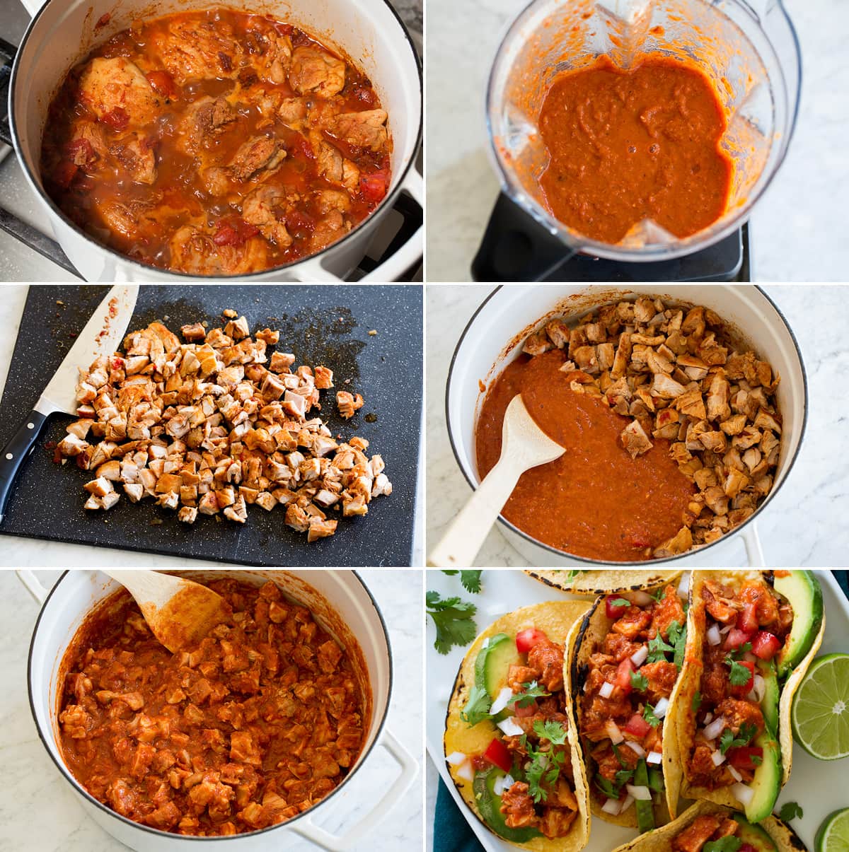 Step by step photos finishing chicken tinga and making into tacos.