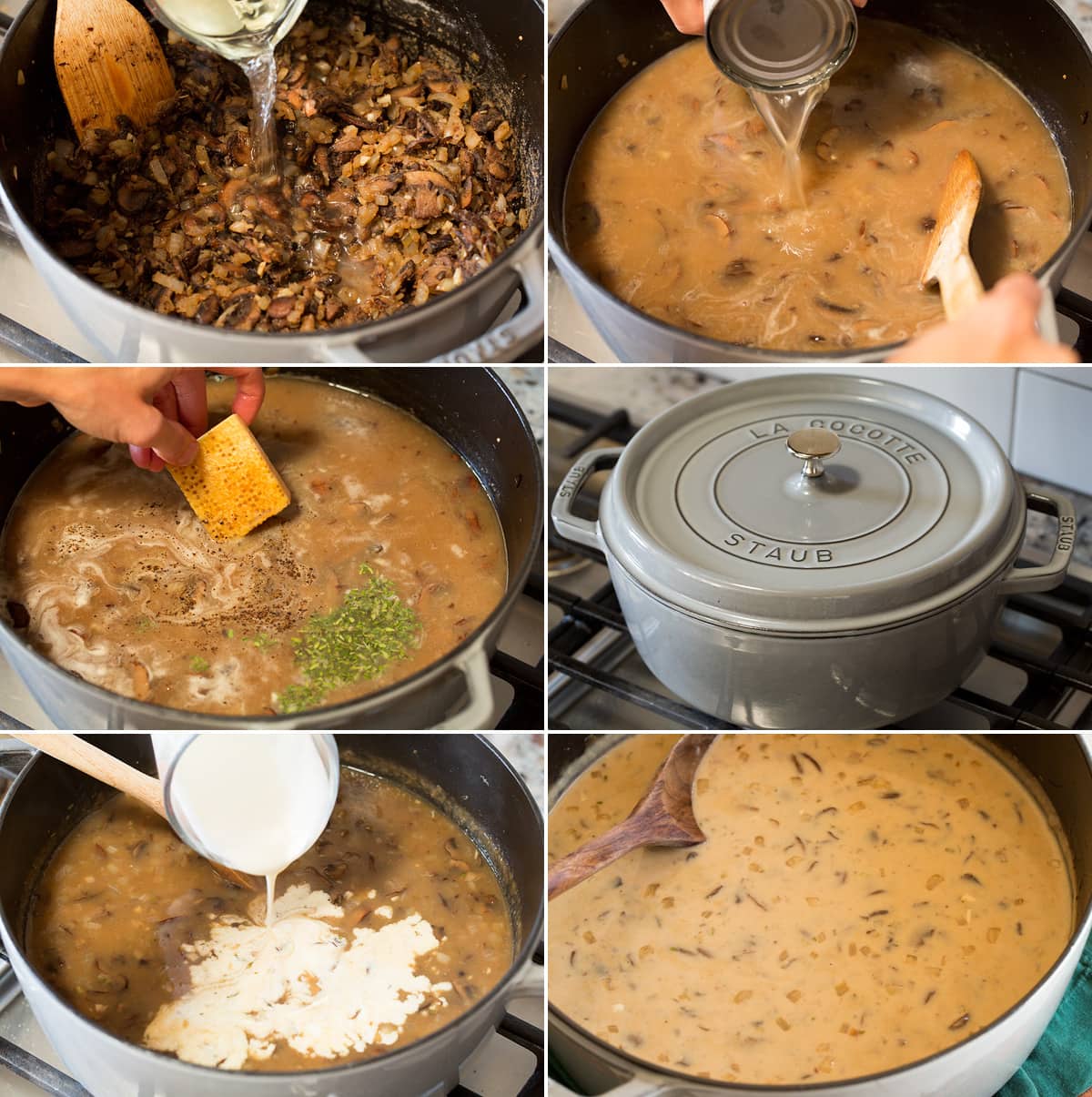 Six continued images showing how to finish making cream of mushroom soup.