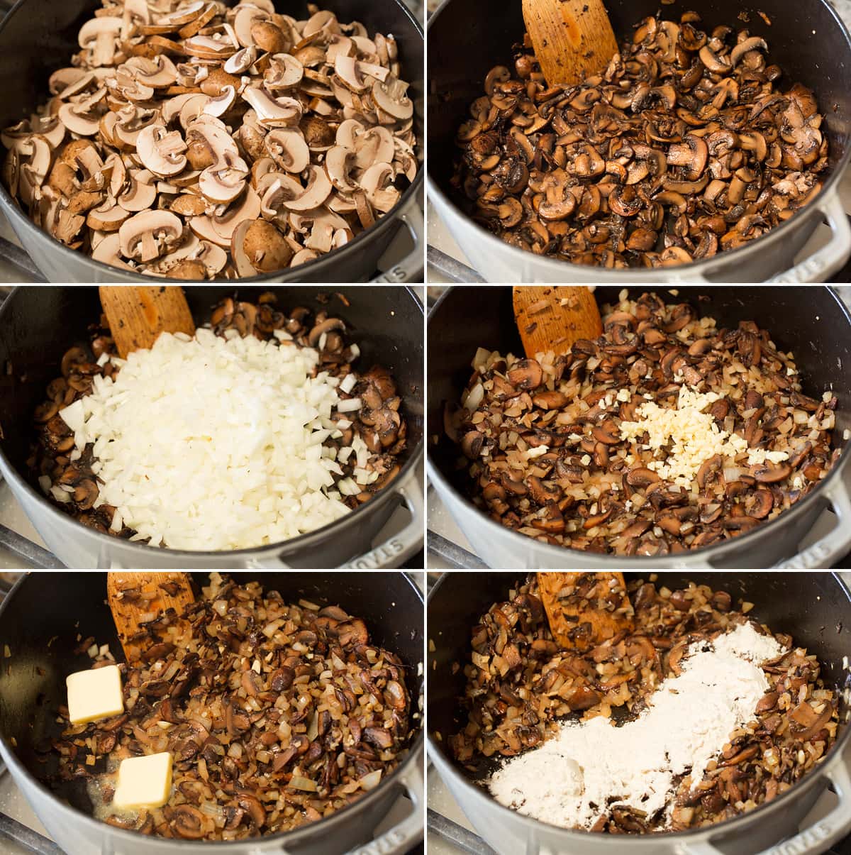 Collage of six photos showing steps to making cream of mushroom soup.