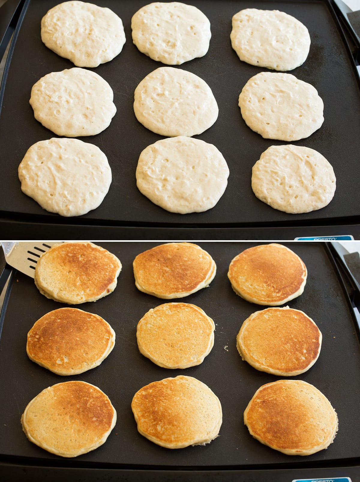Cooking pancakes on a griddle.