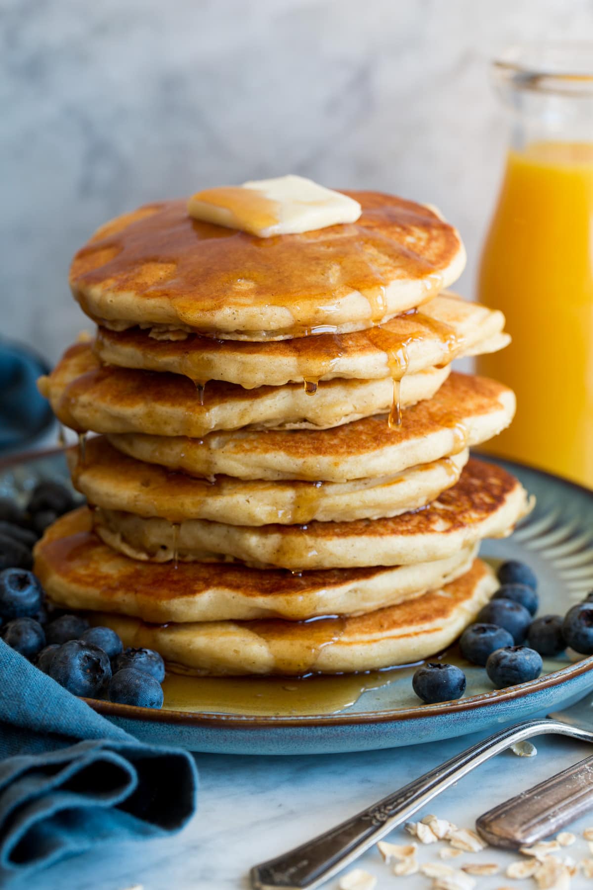 Close up showing stack of oat flour pancakes.