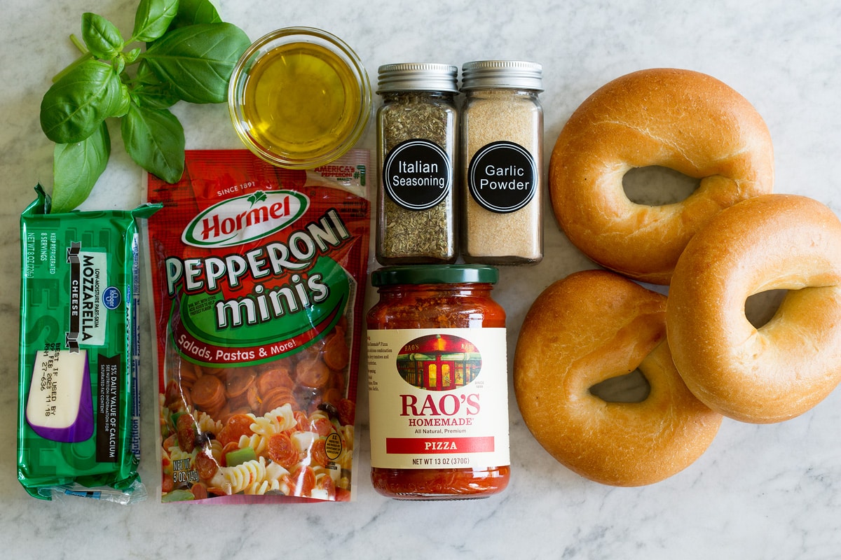 Ingredients needed for bagel pizzas.