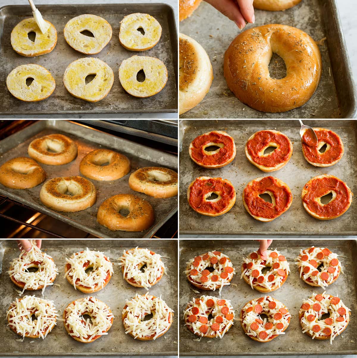 Collage of six photos showing steps of making bagel pizzas.