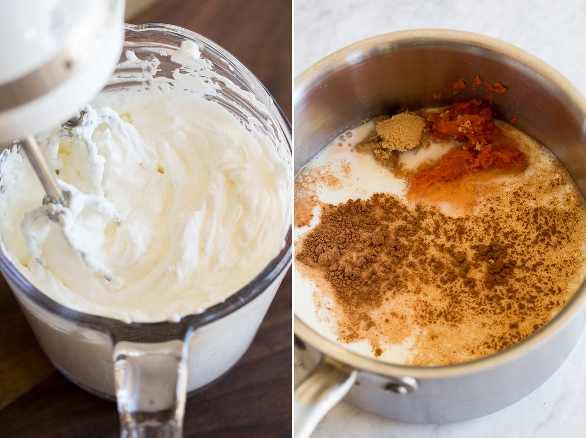 Image showing how to make whipped topping for latte. Then mixing ingredients in saucepan for pumpkin spice latte.