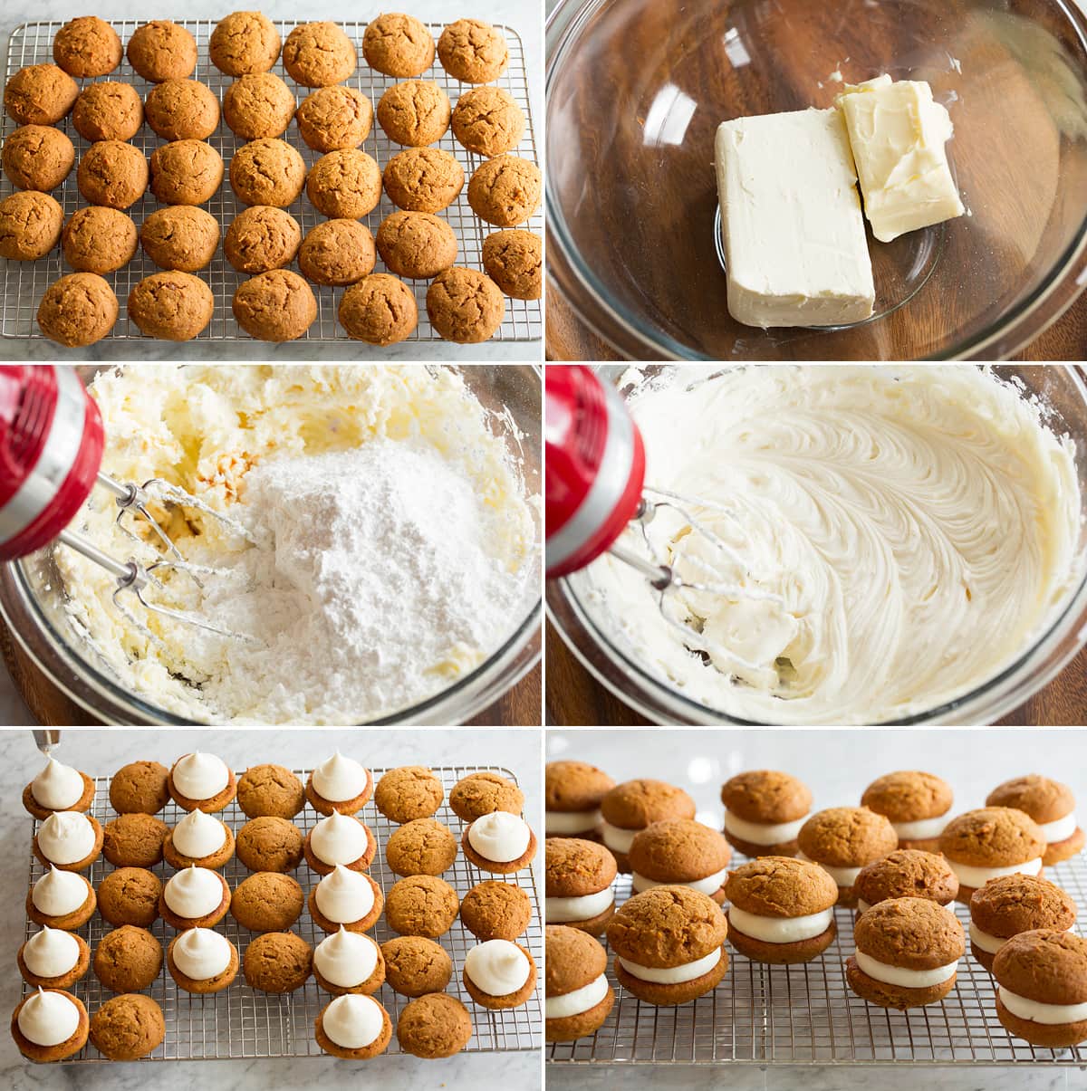 Steps of making cream cheese frosting filling for whoopie pies and filling cookies.