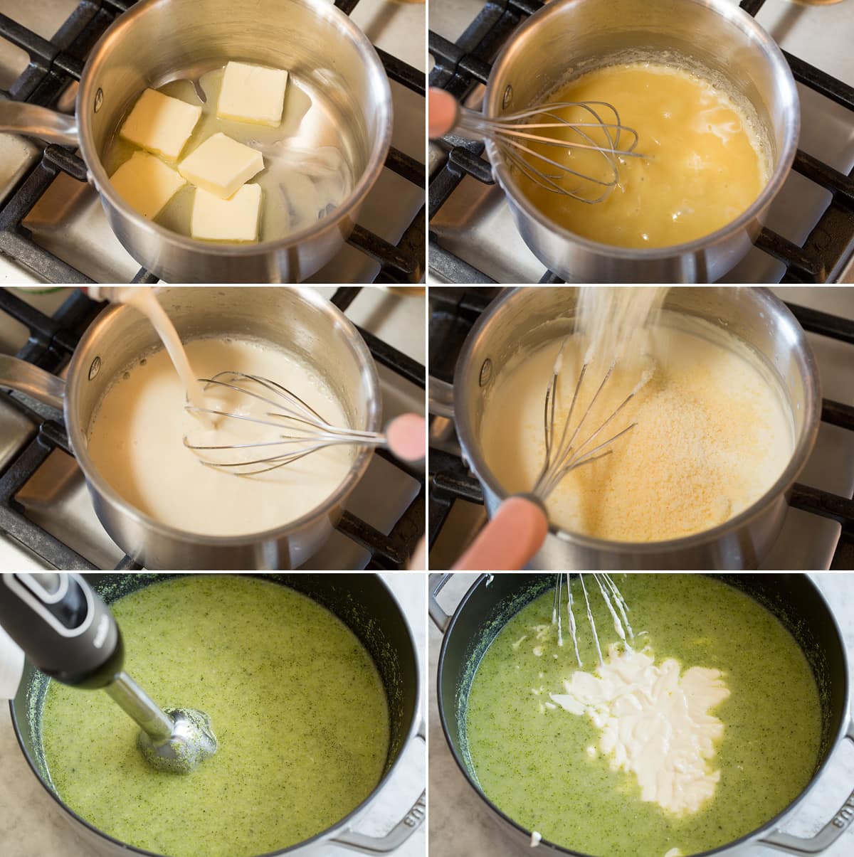 Etapas de fazer molho branco em uma panela para sopa de creme de brócolis e adicionar à mistura de brócolis na panela,
