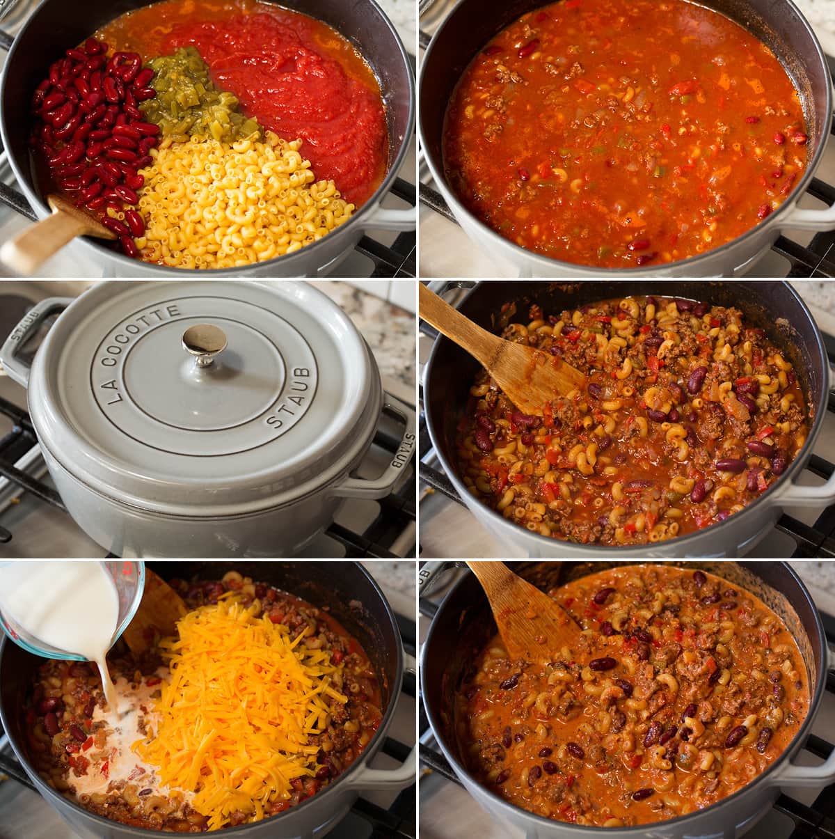 Continued steps showing how to simmer chili mac ingredients in pot.