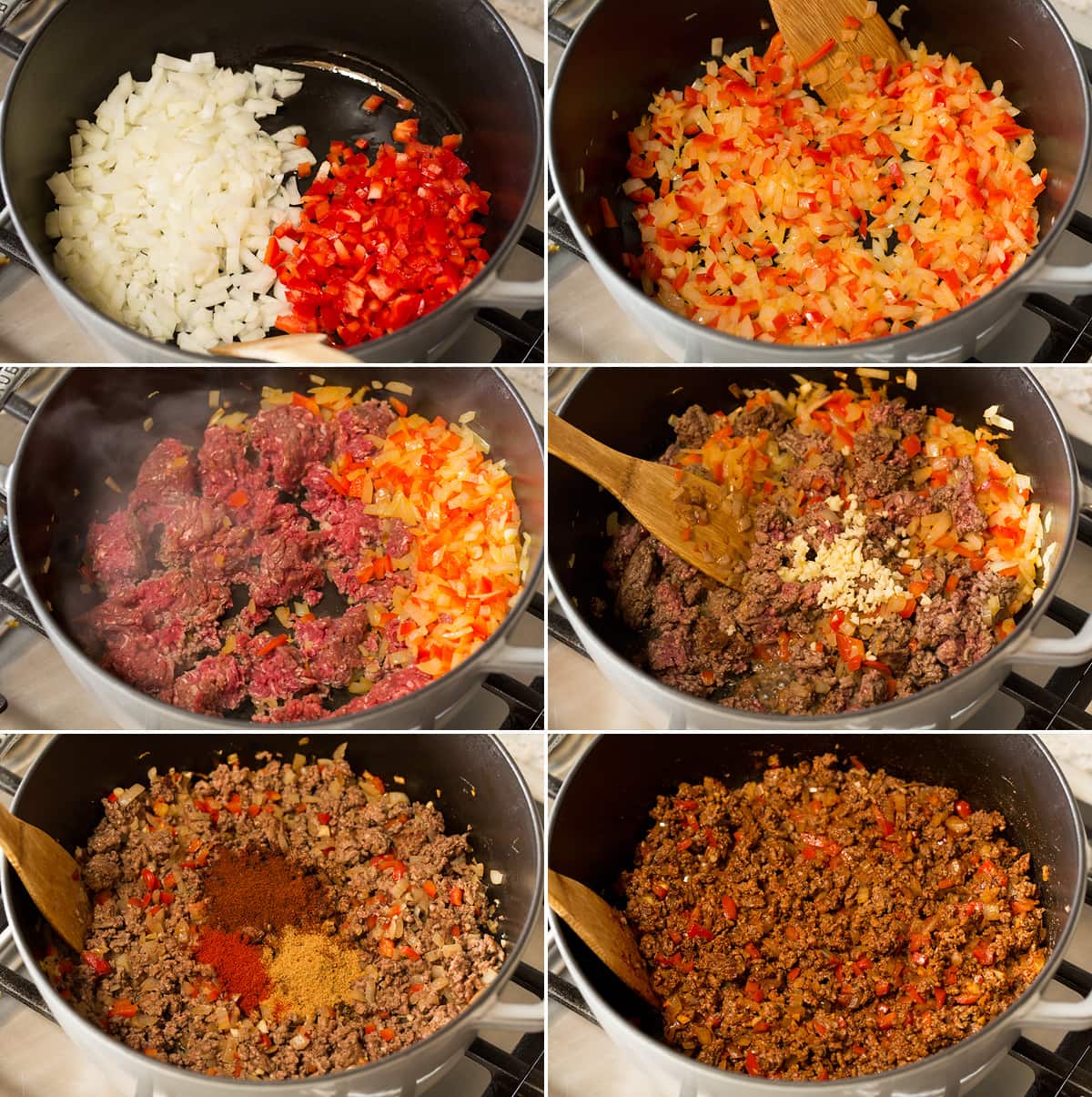 Refogar legumes e dourar a carne na panela para chili mac.