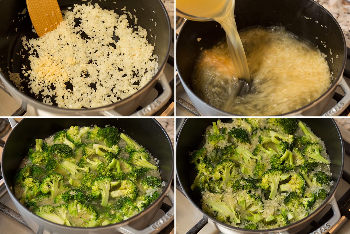 Etapas de sopa de brócolis fervendo no fogão em uma panela.