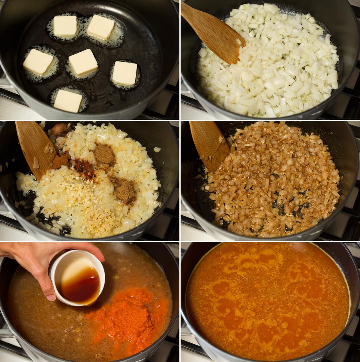 Sei foto che mostrano i passaggi per saltare le verdure e le spezie nel burro e aggiungere la purea di zucca e il brodo alla zuppa.