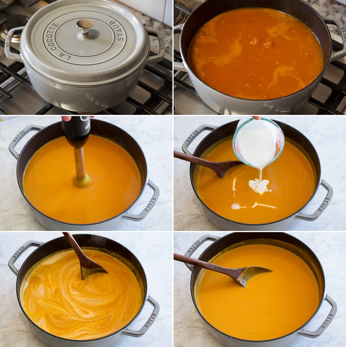 Sei foto che mostrano la zuppa che viene fatta bollire a fuoco lento, poi passata con un frullatore a immersione, quindi incorporata la panna.