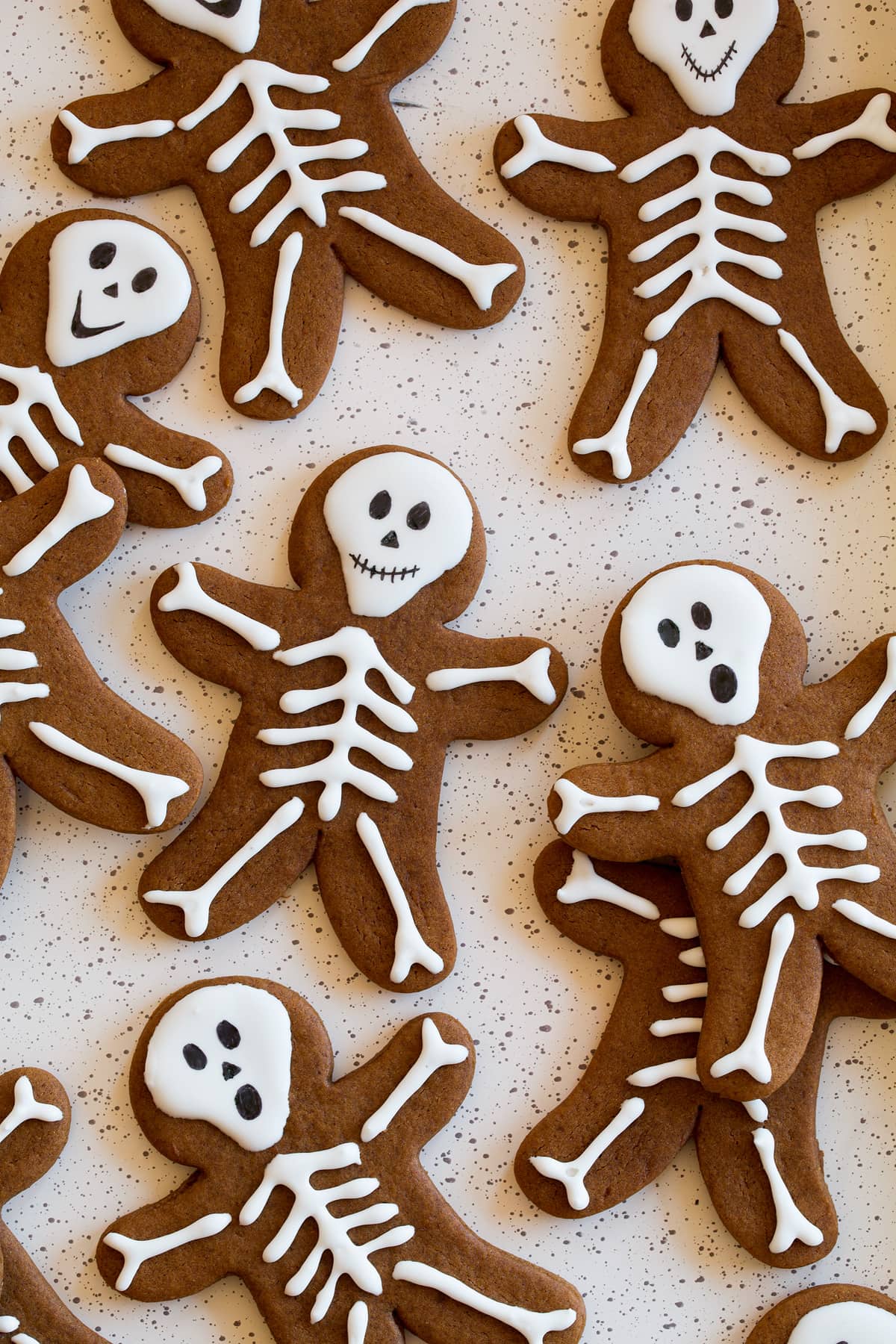 Close up photo of skeleton gingerbread cookies.