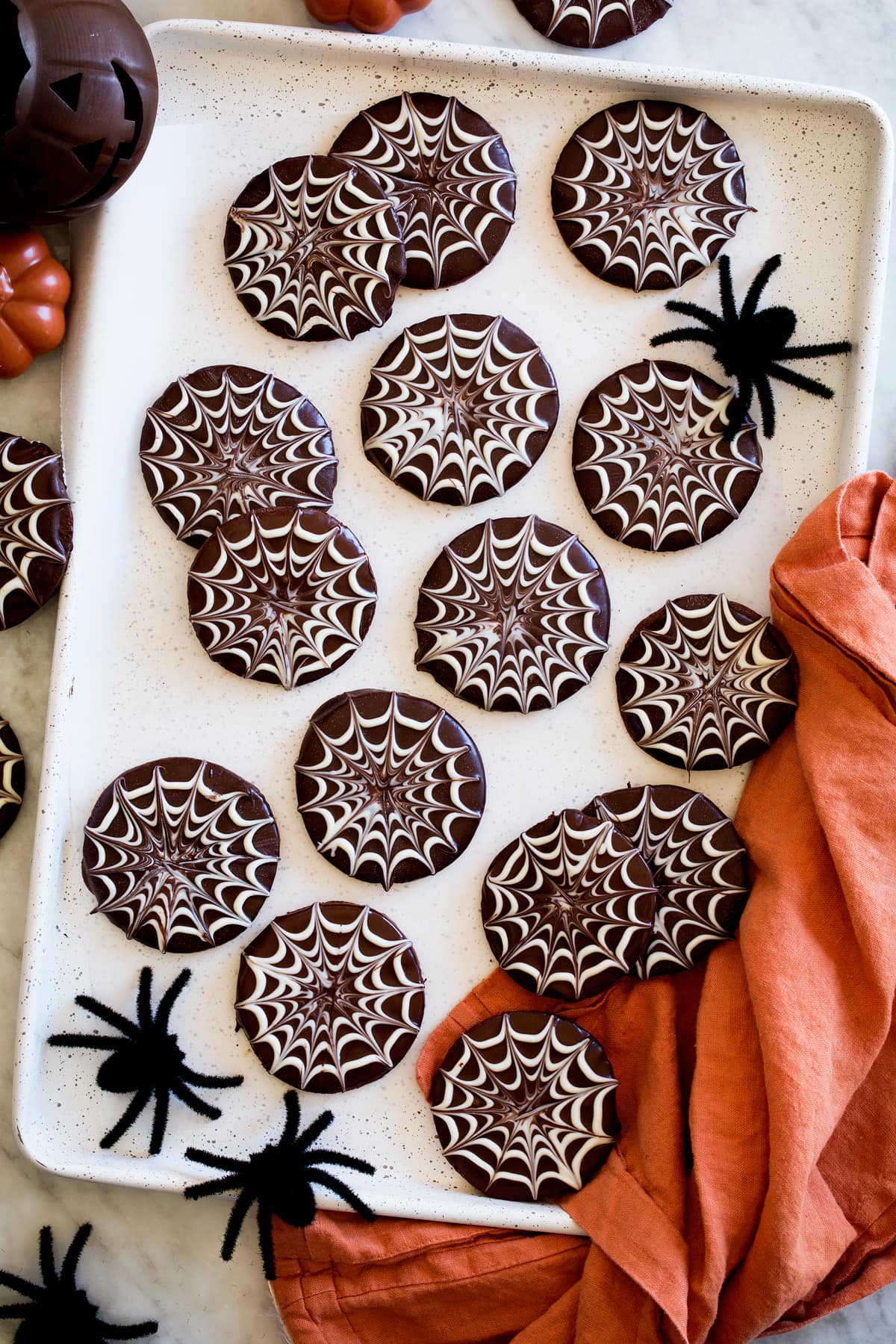 Chocolate halloween cookies shown from above.