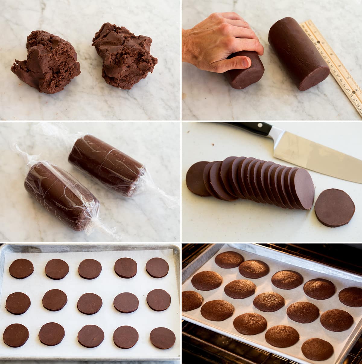 Collage di foto che mostrano come arrotolare, affettare e cuocere i biscotti al cioccolato.