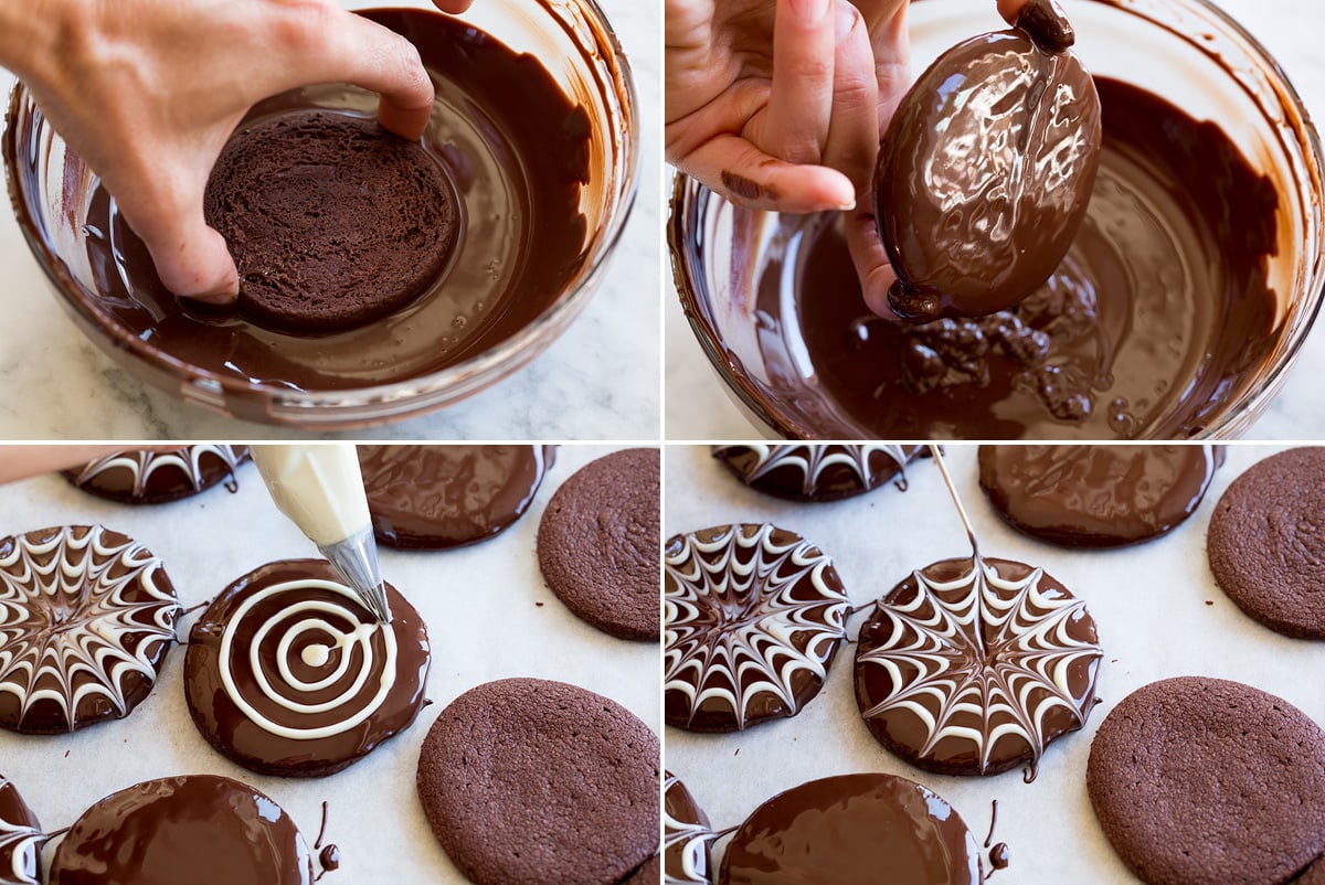 Photos showing how to dip cookies and create spider web piping with melted dark chocolate and white chocolate.