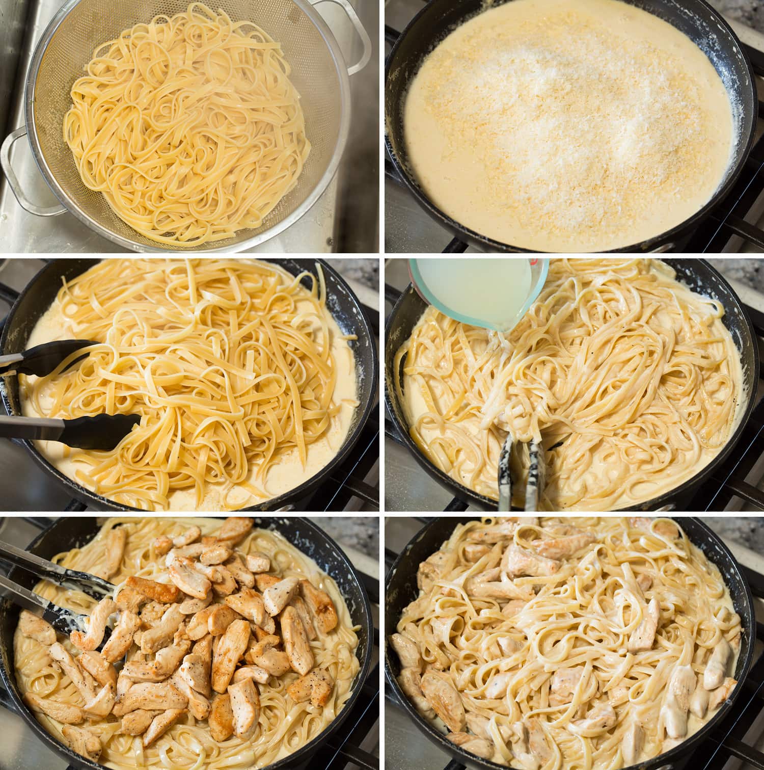 Continued steps of making chicken alfredo in skillet.