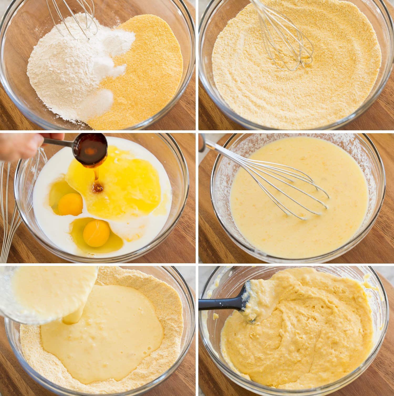 Six photos showing how to make cornbread batter in mixing bowl.