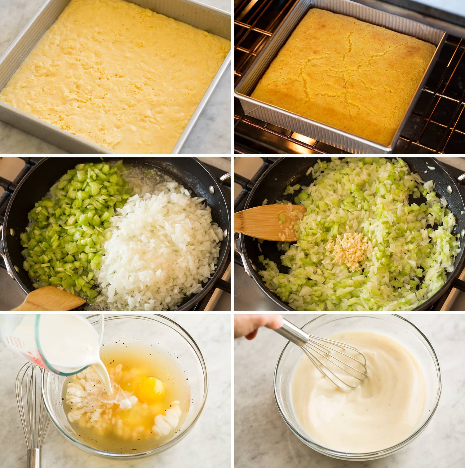 Six photos showing how to make veggie and liquid mixtures for cornbread stuffing.