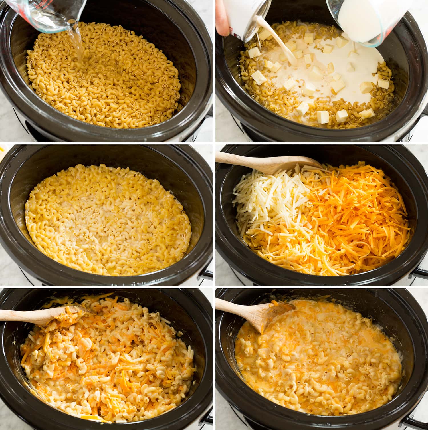 Seis fotos mostrando como fazer macarrão com queijo em uma panela de cozimento lento.
