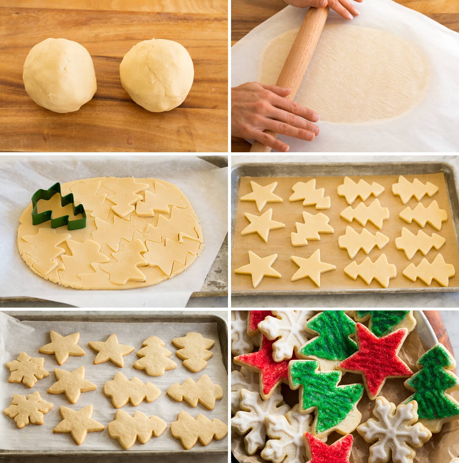 Collage of six photos showing how to roll, cut and bake sugar cookies.