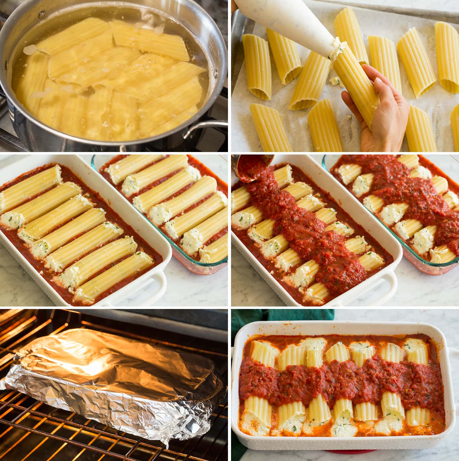 Photo collage showing how to stuff manicotti then assemble with sauce in baking dish and bake. 